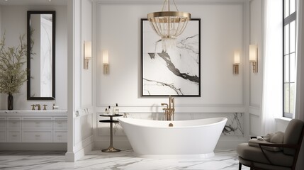 Design a luxurious bathroom with a freestanding tub and marble accents
