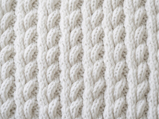 Close-Up Texture of White Knitted Sweater Fabric, Detailing the Intricate Weave and Soft Texture, Perfect for Fashion Catalogs, Winter Apparel Advertisements, or DIY Knitting Patterns