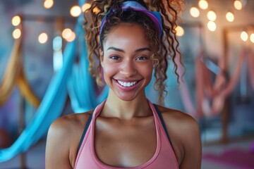 Radiant fitness instructor smiling during a gym workout session