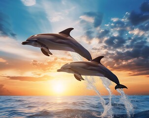 Two Dolphins Jumping Out of the Water at Sunset. Generative AI.