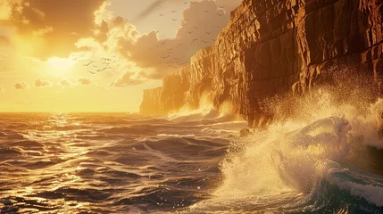 Poster Ocean shore at sunrise with dramatic sky and big waves crashing into © Barosanu