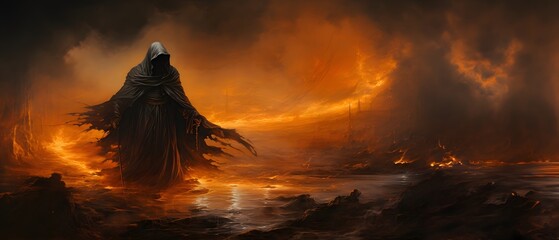 Halloween concept art of the grim Reaper wearing black robes, standing in an apocalyptic landscape with rivers and flames all around him