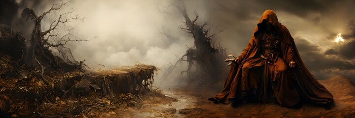 A fantasy medieval sorcerer in a brown robe is sitting on the road, behind him there is an old dead forest and foggy sky, Halloween concept art