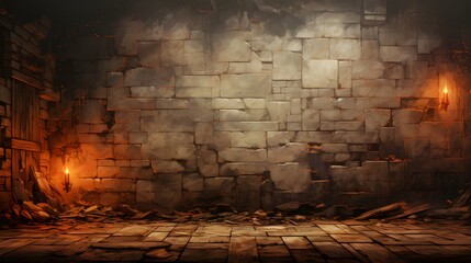 Old stone wall dungeon background, broken stone wall and floor, lit by torches on the wall, Halloween backdrop