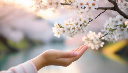 桜の花へと手を伸ばす女性の手