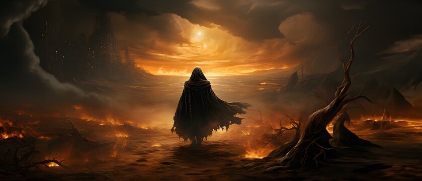 Figure in a dark black cloak walking through the middle of an apocalyptic landscape, with fire and brimstone on all sides, Halloween concept art