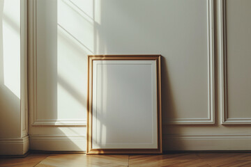 Wooden Frame Mockup in an Empty Classic Room with White Wooden Boiserie Paneling and Parquet Floor 