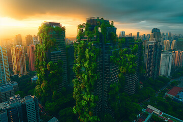 City skyline at sunset lights featuring skyscrapers boasting innovative vertical greening techniques, highlighting a commitment to sustainability and environmental consciousness, vertical gardening