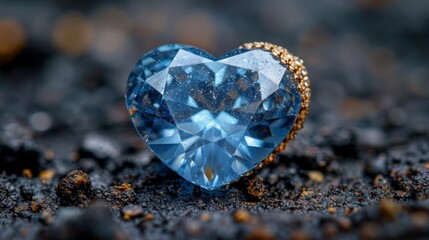 a blue heart shaped ring sitting on top of a black ground with dirt on the ground and dirt on the ground.