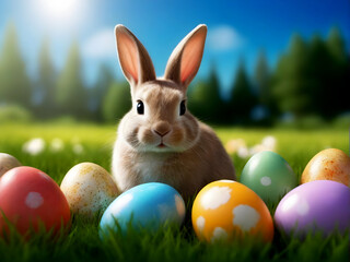 Fototapeta na wymiar Easter bunny surrounded by colorful eggs Perfect for celebrating holidays with cuteness and fun. Generative Ai.