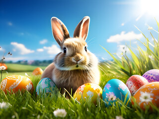 Easter bunny surrounded by colorful eggs Perfect for celebrating holidays with cuteness and fun. Generative Ai.