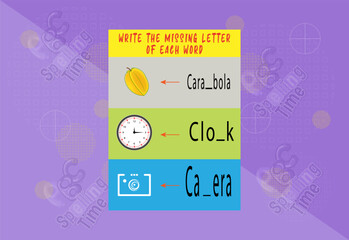 Fototapeta na wymiar Fill letter of each word worksheet for for kids. Free Vector