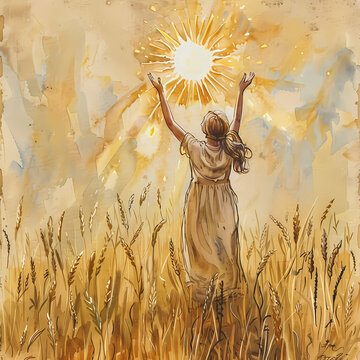 A woman in a summer dress stands in a wheat field with her hands raised up to the sun. Unity with nature, the power of female energy. Morning, fertility, abundance. Illustration.