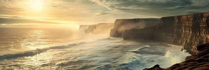 Fotobehang Seascape of ocean waves crashing into cliff rock on shoreline. © Barosanu