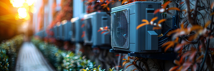 Air Source Heat Pump Outdoor Unit, An air conditioner in a backyard with a plant in the background - obrazy, fototapety, plakaty