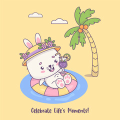 Happy bunny girl with cocktail swims on rubber circle under palm tree. Funny kawaii animal character. Vector illustration