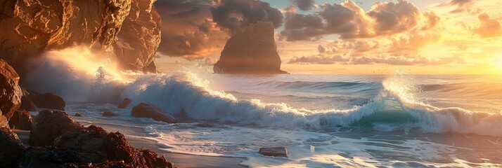 Panoramic banner of rough ocean waves hitting cliff rock on shoreline at sunrise.