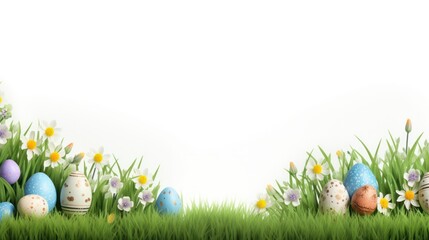 Grass, and Easter eggs flowers stripe pattern at the bottom of the space, empty white space