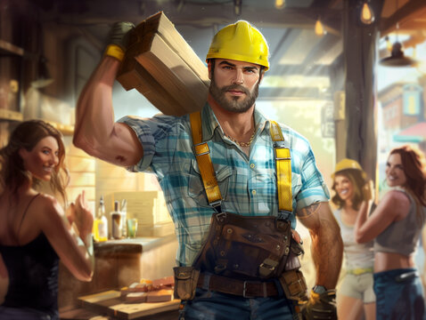A fit construction worker in overalls and helmet carries wood on his shoulder, exchanging smiles with women at an outdoor bar in a sunny town.