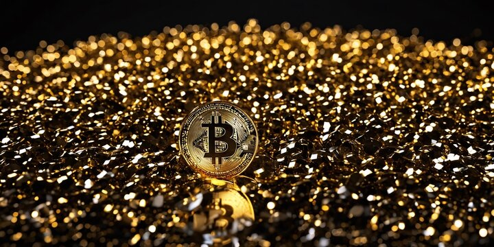 Pile of gold coins with a single Bitcoin. A close-up photo of a pile of gold coins with a single, gold-colored Bitcoin placed on top. The Bitcoin is slightly smaller than the gold coins.