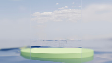 3D Rendered Scene, 3d cream product platform with matte frosted glass panes in pool of water under blue sky. 