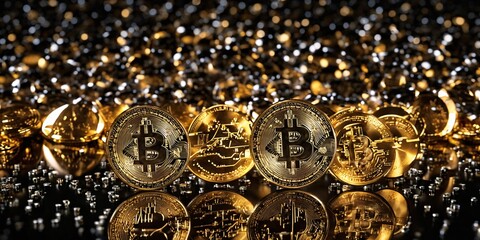Pile of gold coins with a single Bitcoin. A close-up photo of a pile of gold coins with a single, gold-colored Bitcoin placed on top. The Bitcoin is slightly smaller than the gold coins. - obrazy, fototapety, plakaty