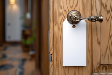 a door handle with a tag on it - obrazy, fototapety, plakaty