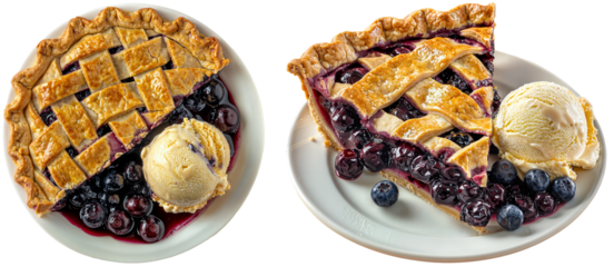 Blueberry pie with a flaky butter crust and a sweet-tart blueberry filling, served with a scoop of vanilla bean ice cream, isolated on a white background, side and top view