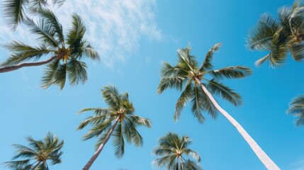 Fototapeta premium Palm tree blue sky worm eye view low shot photo.