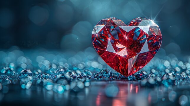 a red heart shaped diamond sitting on top of a pile of blue and silver crystals on a dark blue background.