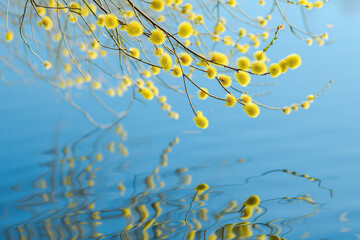 Close-up of tree branches with blossoming flowers hanging over the water. Nature, seasons. Weather. Wallpaper.