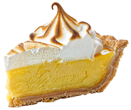 Single piece of a lemon meringue pie with a buttery graham cracker crust and a lemon filling, isolated on a white background
