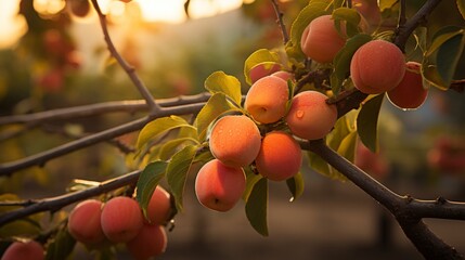 Close up of ripe apricots on tree branch in lush garden setting with blurred background