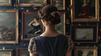 A young woman in vinatge dress and bow hairstyle is looking at pictures hanging on the wall of an art gallery, museum or historical exhibition.