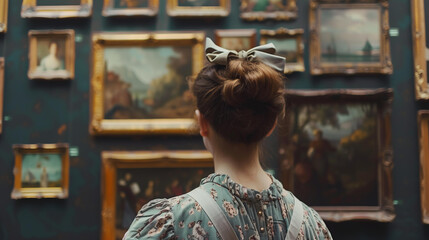 A young woman in vinatge dress and bow hairstyle is looking at pictures hanging on the wall of an art gallery, museum or historical exhibition.