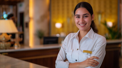 Receptionist at hotel front desk