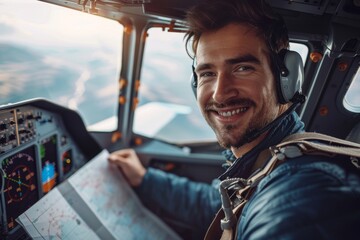 Confident smiling pilot in cockpit holding a flight plan, showcasing clear aviation navigation