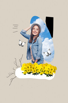 Composite trend artwork sketch image photo collage of young lady posing surreal sky butterfly flower spring around warming weather come