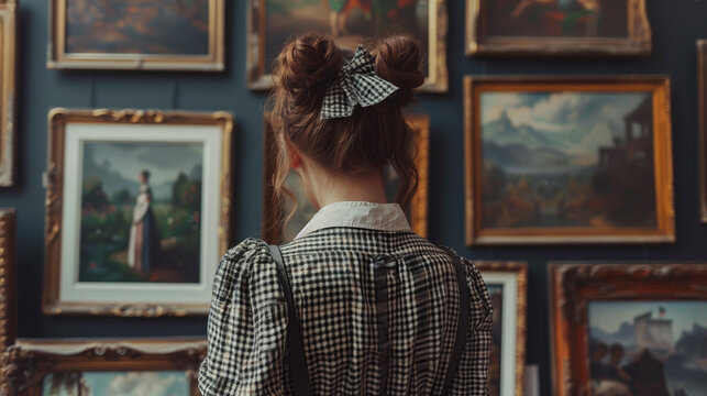 A young woman in vinatge dress and bow hairstyle is looking at pictures hanging on the wall of an art gallery, museum or historical exhibition.