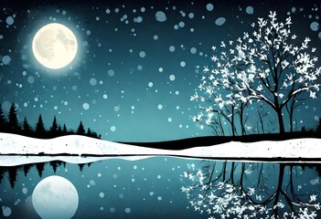 Illustration of a Moonlight on a grunge background with snow and floral edges
