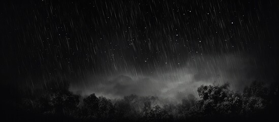 A monochromatic photograph capturing the eerie atmosphere of a stormy night with dark clouds looming over a natural landscape. The black forest is shrouded in a veil of mist under the midnight sky - obrazy, fototapety, plakaty