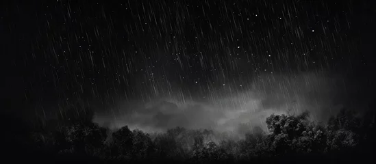 Deurstickers A monochromatic photograph capturing the eerie atmosphere of a stormy night with dark clouds looming over a natural landscape. The black forest is shrouded in a veil of mist under the midnight sky © AkuAku