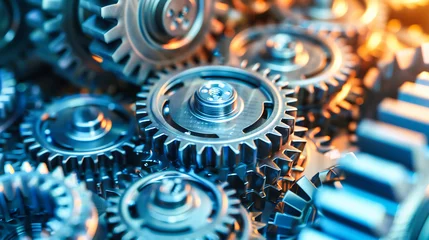 Foto auf Acrylglas Close-up of metallic gears and cogs, symbolizing precision and teamwork in industrial machinery design © Jahid