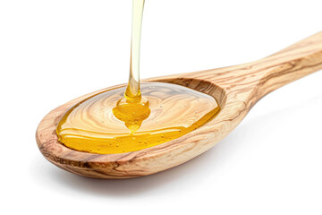Dripping honey on wooden spoon on a transparent background