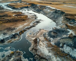 Aerial view of a winding river with sediment patterns through a barren landscape