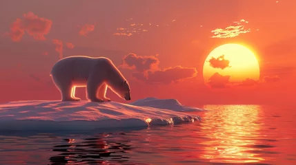 Raamstickers Polar bear on a melting ice cap at sunset © kitinut