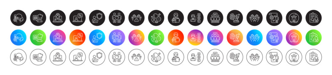 Employees group, Vitamin and Recovered person line icons. Round icon gradient buttons. Pack of Telemedicine, Settings blueprint, Woman read icon. Shield, Opinion, Hold box pictogram. Vector