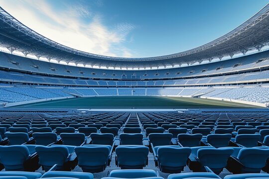 a stadium with blue seats
