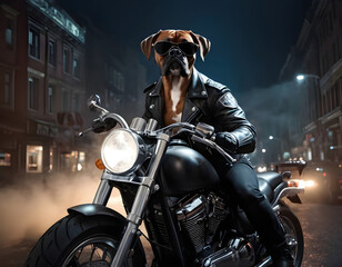 A brutal dog in sunglasses and a leather jacket rides a motorcycle outdoors. Generative AI. - obrazy, fototapety, plakaty