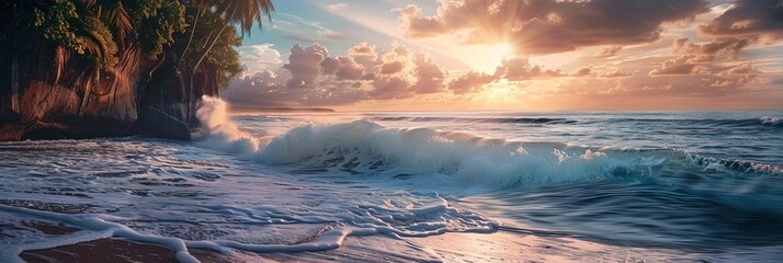 Panoramic banner of seascape with waves crashing into cliffs on the shore at sunrise.